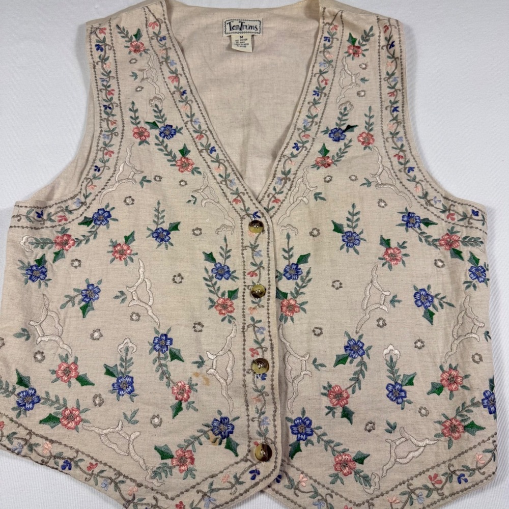 TanTrums Embroidered Floral Vest M Beige Cotton Linen Boho V-Neck Button Front